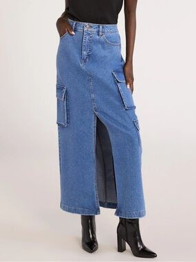 Scoop Denim Cargo Maxi Skirt with Front Slit - Blue